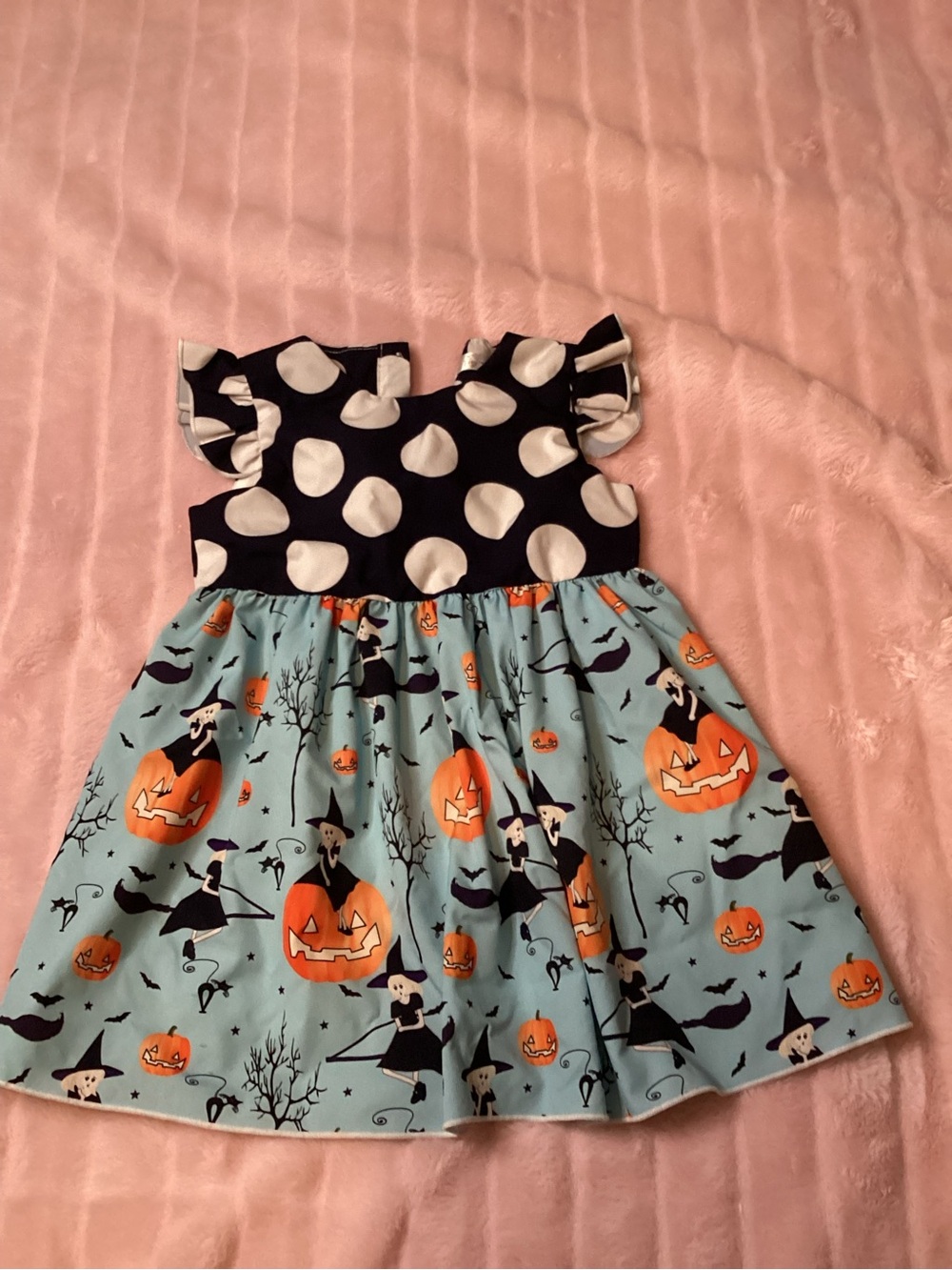 Halloween Witch & Pumpkin Polka Dot Girls Costume Dress - Black & Light Blue